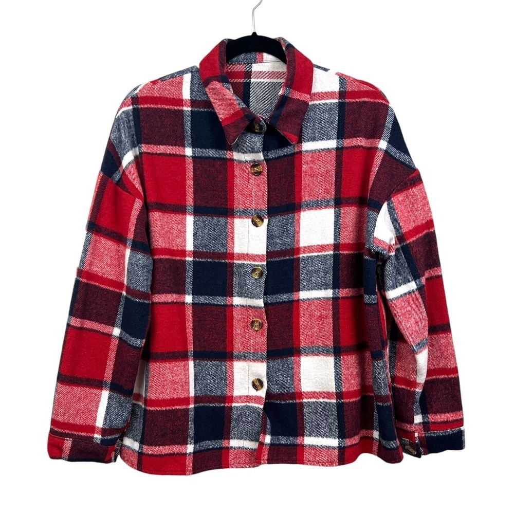 Shein Womens Plaid Flannel Shirt Collared Long Sleeve Red Blue White Size L*